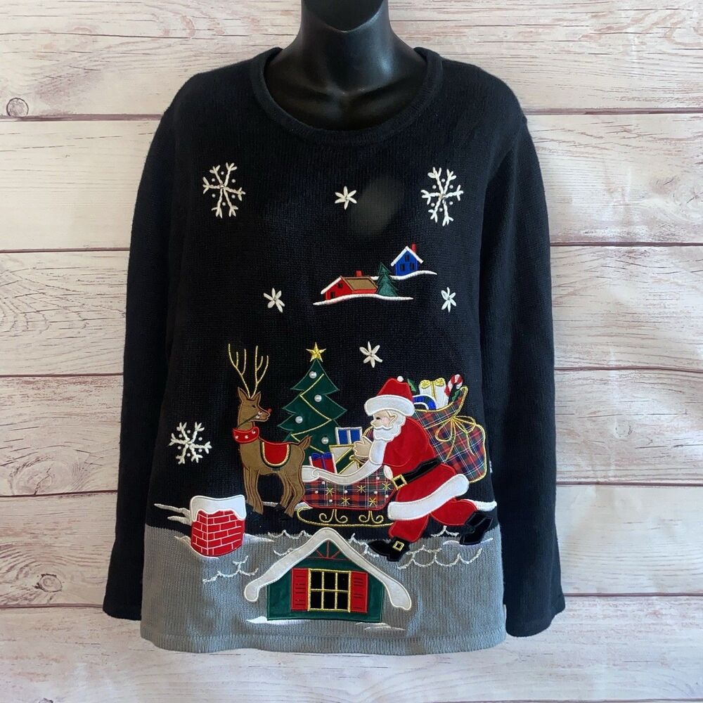 Bechamel Womens Santa Reindeer Christmas Sweater XL Ramie Cotton Holiday